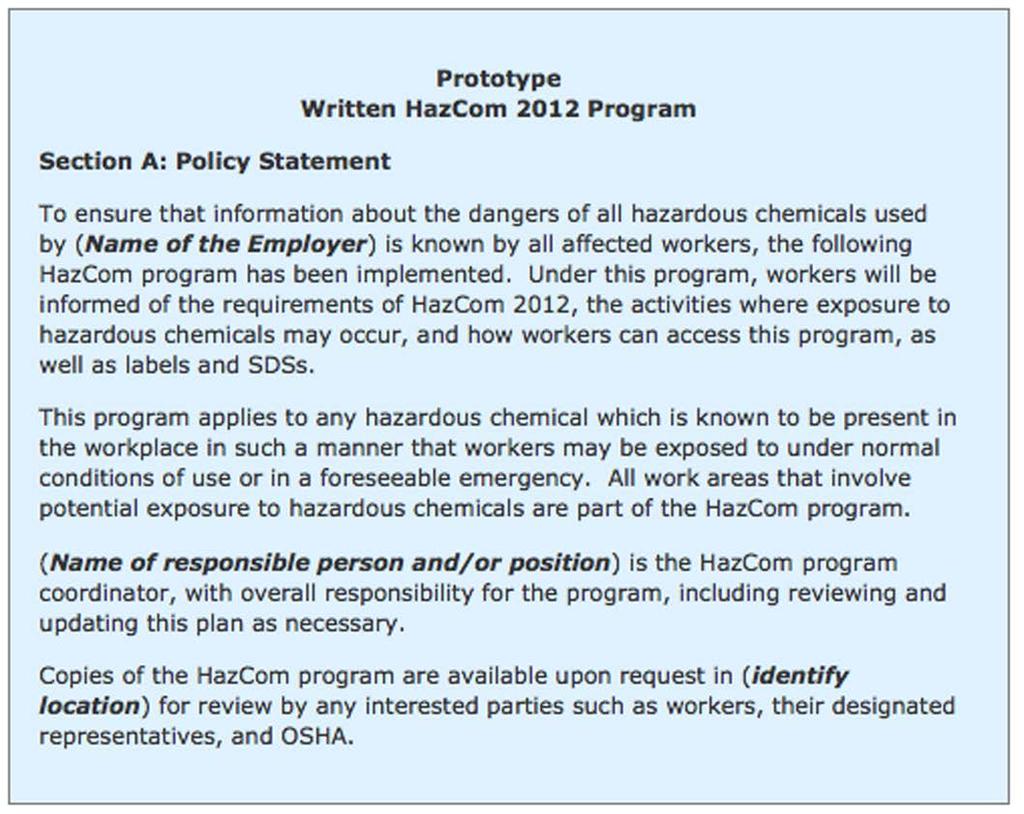 Box A. Policy Statement. 4 Box B. List of Hazardous Chemicals.