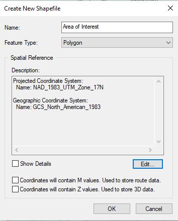 Figure 4: Creating a new shapefile for the area of interest.