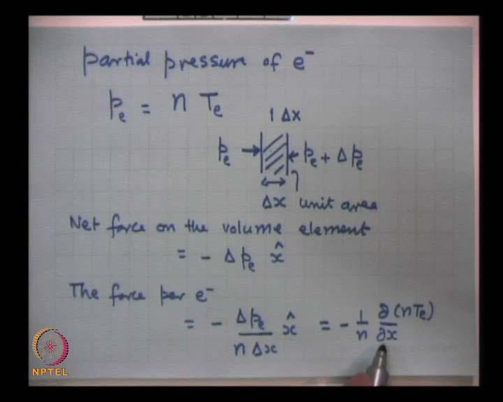 (Refer Slide Time: 09:38) Then, there is another force on the electrons because they have finite temperature and hence they possessed finite partial pressure, partial pressure of electrons is written