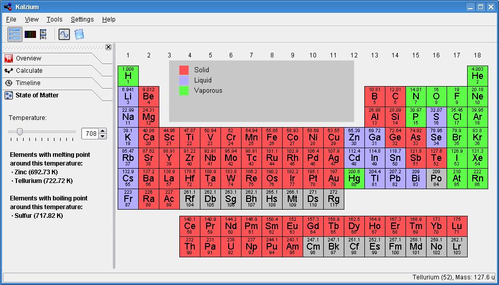 Kalzium can show you which elements are solid/liquid/vaporous at a given temperature. 3.5.6.