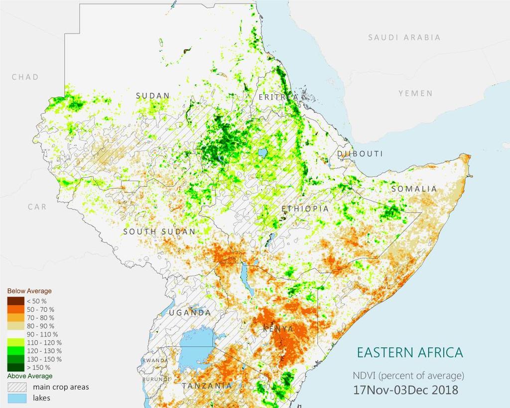 East Africa: The Short Rains Season of 2018 So Far Left: Rainfall in the 3 months ending in December 10, 2018 as a percent of average.