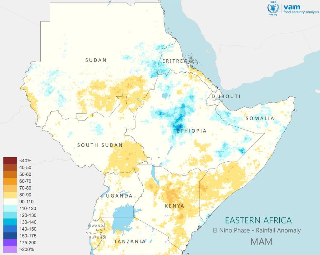 Eastern Africa: March-May Forecasts and El Nino Expectations Left: Average March-May (left) total rainfall during El Nino seasons as a percent of the average in neutral seasons.