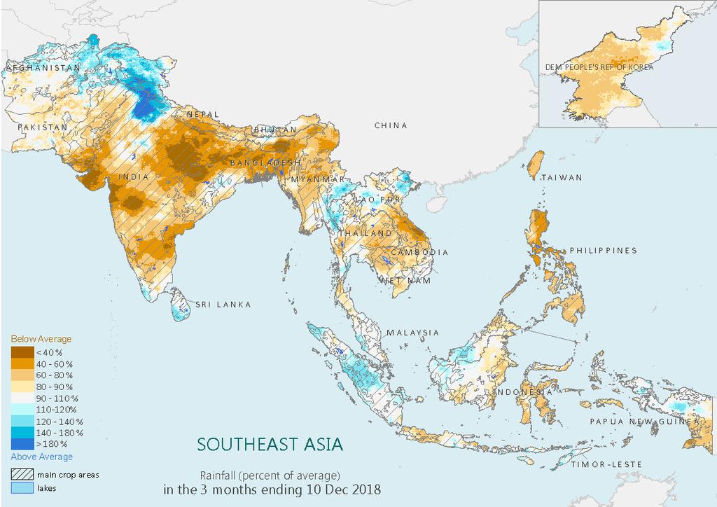 SE Asia: The Season So Far Left: Rainfall in the 3 months ending December 10 2018 and (Right) in the 1 month ending December 10 2018 as a percent of average.