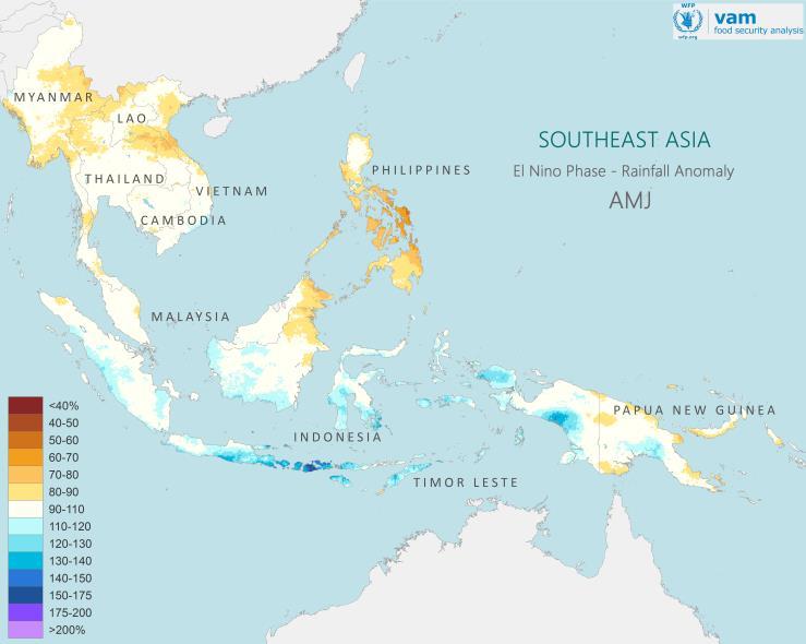 The average impact is particularly noticeable during the growing season of October to April in the Indonesian region (see map above left comparing El Nino with neutral seasons for Feb-Apr rainfall).