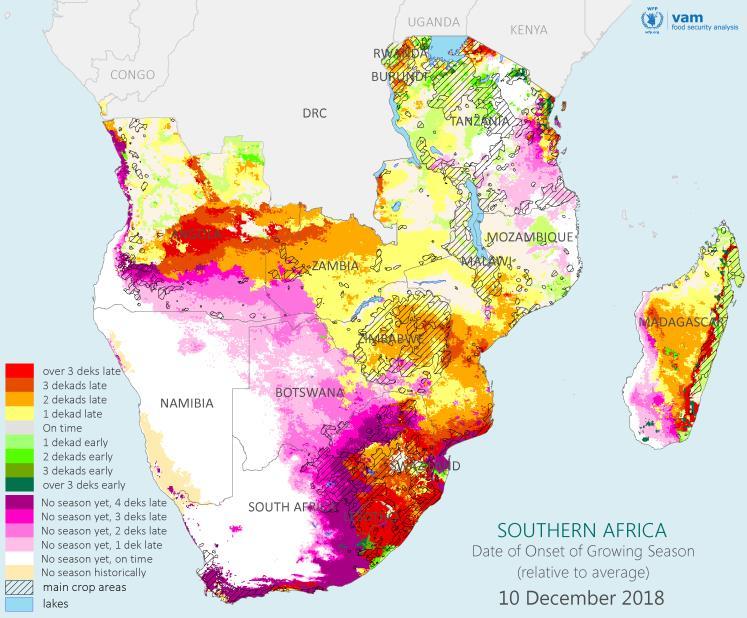 In contrast, drier than average conditions remain from Namibia and southern Angola, across western Zambia, southern Zimbabwe and Botswana and into South Africa.
