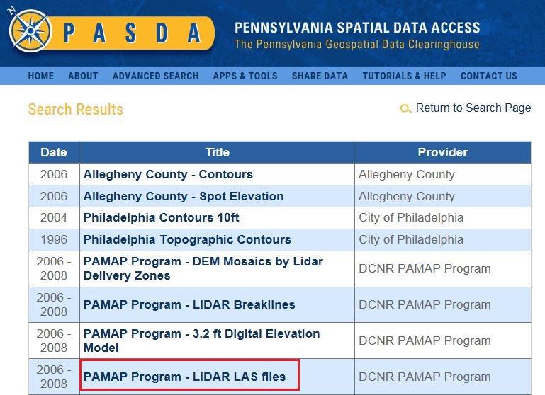In ArcMap, overlay the Tile Index shapefile on a study area to determine necessary LiDAR LAS datasets 4. Navigate to the PASDA homepage at http://www.pasda.