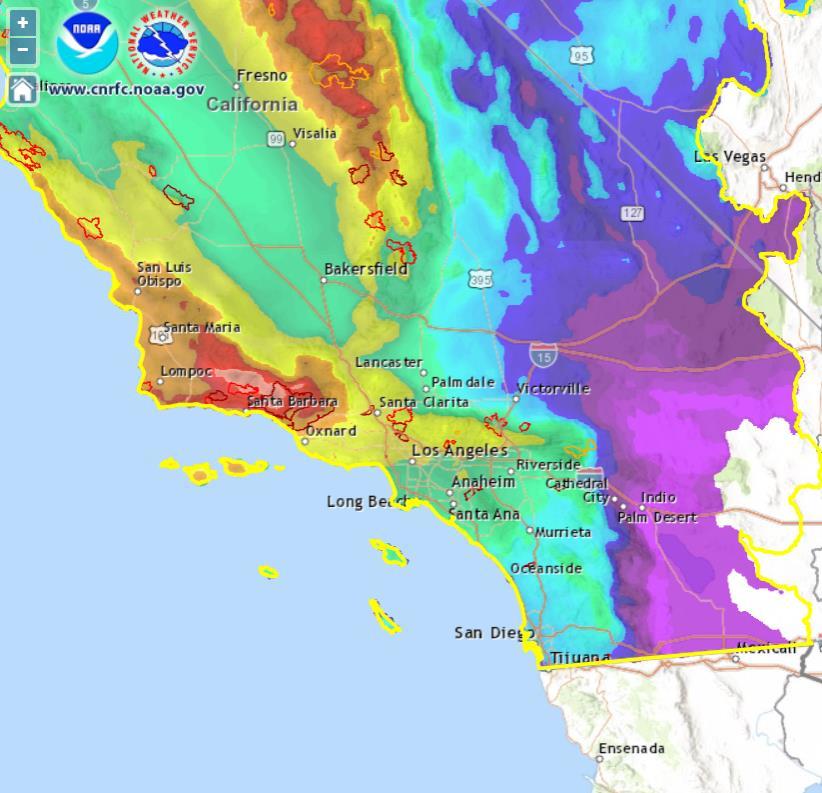 ~9 inches of precipitation is forecast by the CNRFC to fall over the recent Thomas Burn Area in Ventura and Santa Barbara Counties over the next 72 hours, raising concern for potential flash flooding