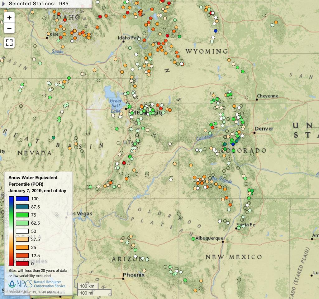 NIDIS Drought and Water Assessment The above image shows SNOTEL snowpack percentiles for each SNOTEL site in the Intermountain West.