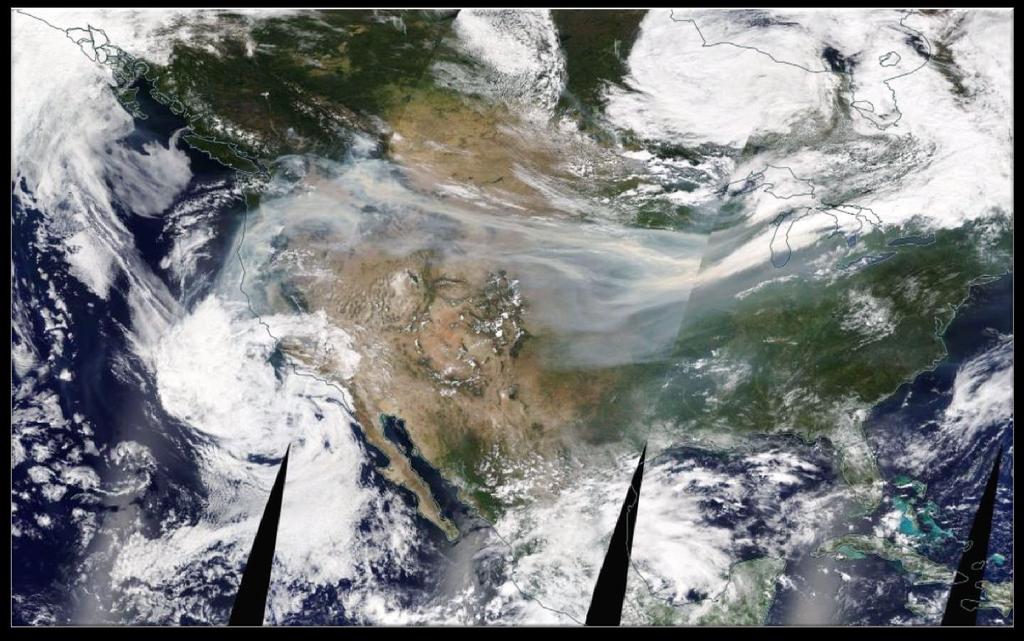 Figure 2. September 4, 2017 MODIS satellite image showing the extent of the smoke plumes from the Northwest extending east to the Great Lakes. Source: NASA WorldView.