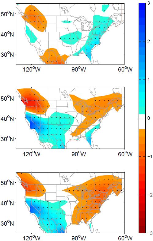 US winter (January-February-March; JFM) precipitation anomalies associated with the El Niño are shown in the top panels for the EP El Niño, in the middle panels for the CP El Niño, and in the bottom