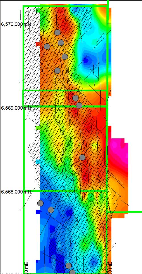 Chargeability at 50 m depth Resistivity at 50 m depth KEY Copper-Gold Pit / Showing Structure Interpreted from Geophysics Zone of Shearing and Hydrothermal Alteration Claim Boundary Figure 2: Maps of