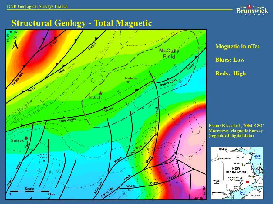 The magnetic anomaly map clearly outlines the basement rocks (red and pink colors) in the McCully area from the northern thrust exposed Silurian system to the southeastern exposed and subsurface