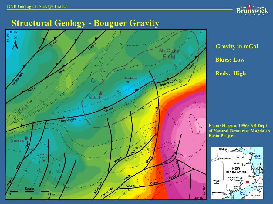 The Bouger Gravity map shows the different fault and folding relationships more clearly with a northeasterly pattern to the north and northerly