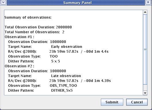 Software User Manual Page: 12 of 19 Figure 7 - The Summary Panel By clicking Submit, PGT will attempt to establish a connection with a computer at ISOC that has been set up to receive proposals.
