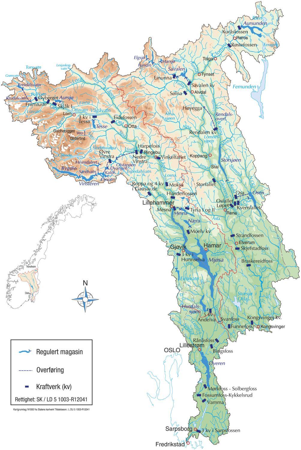 Glomma & Laagen watercourse Catchment area: 42 km 2 13 % of Norway (-2469 masl) 21 reservoirs and 5 diversions Storage