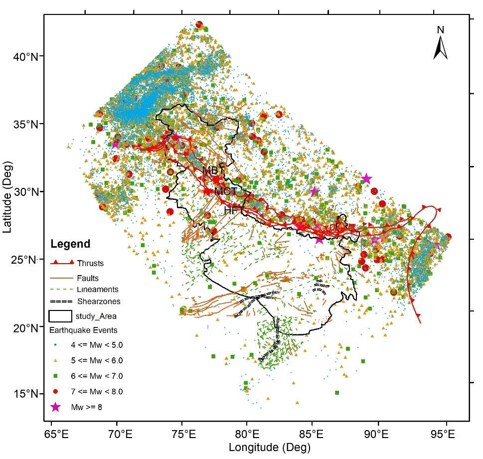 Figure 2: Spatial distribution of past earthquakes (including foreshock and aftershocks) in study area and