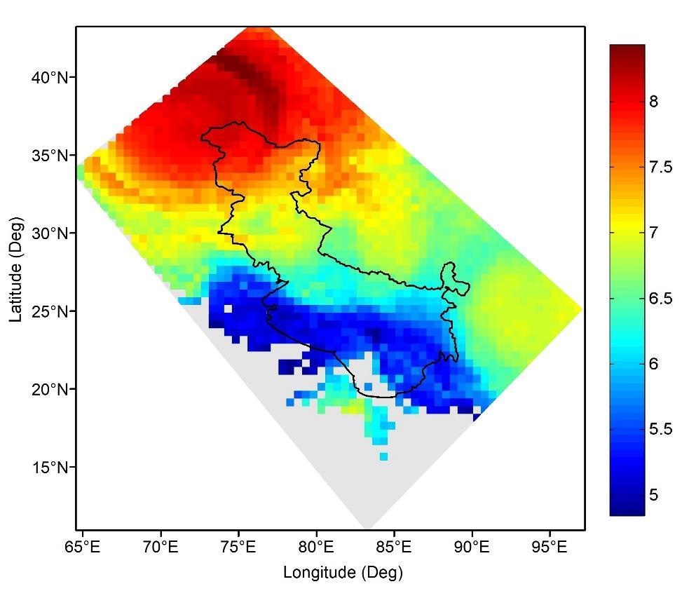 Figure 8: Spatial variation of a value from the de-clustered catalogue in and around study