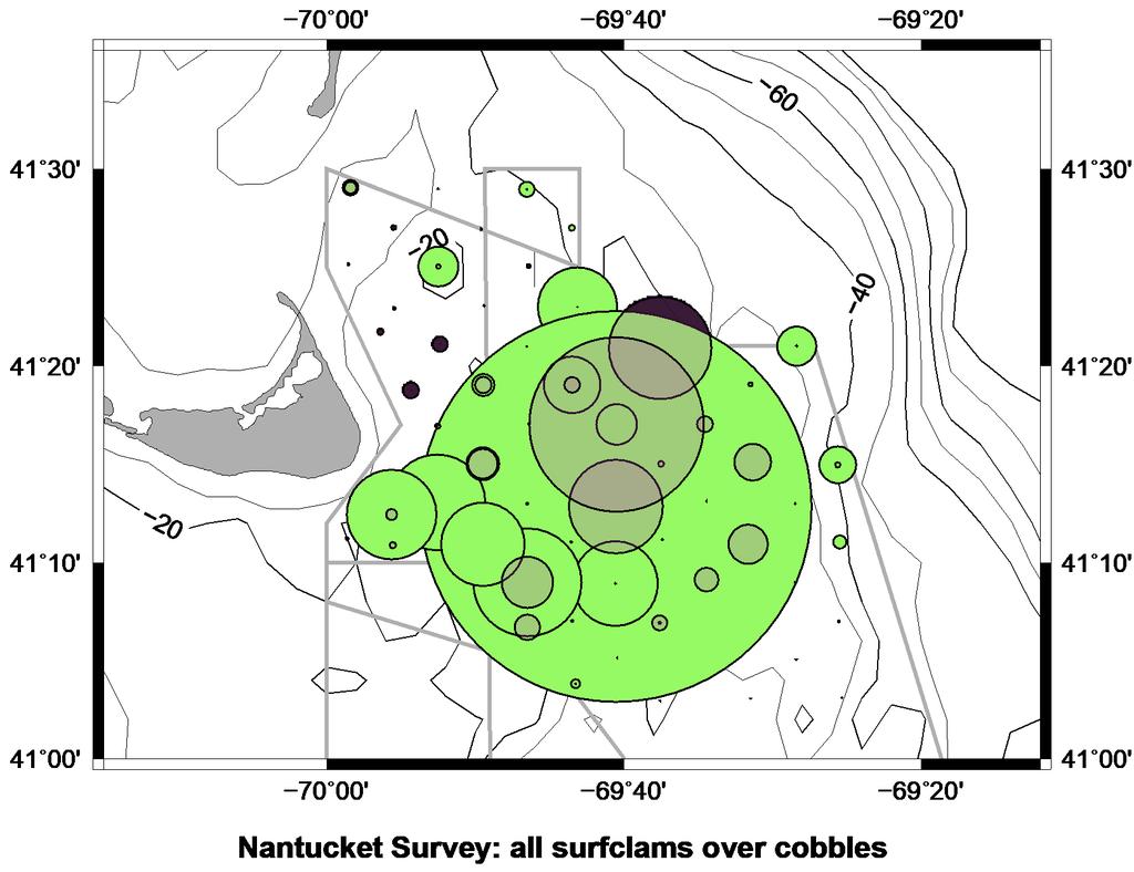 Differential distribution: cobbles versus all (mostly small) surfclams Cobbles are 2-6 inches across Cobbles are common in the west central portion of the HMA and southeast of Nantucket Small