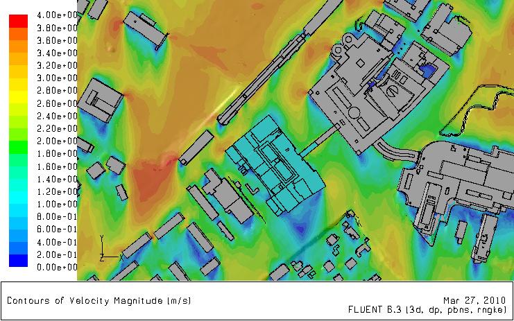 Two aspects of the external building flows are analyzed: the characteristics of the flow at the pedestrian level between buildings in a realistic urban environment, and the flow characteristics in