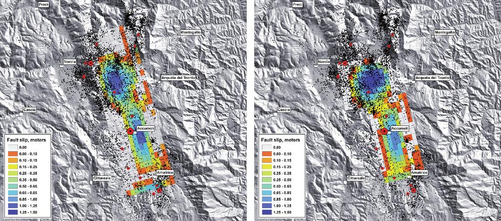 Fig. 1 Modelling results. Slip distribution retrieved from the InSAR and GPS data of the Amatrice earthquake using the single fault model (left) and the double fault model (right).