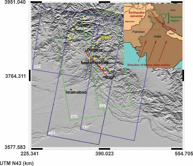 30 Y. Yan et al. Figure 1. Location of the coseismic data sets (ENVISAT) used in this paper. The Balakot Bagh thrust activated during the 8 October, 2005 earthquake is drawn in red.