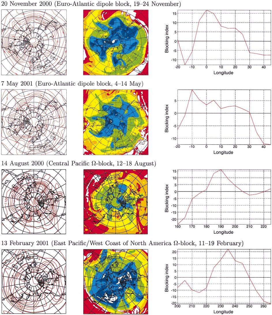 749 FIG. 6. Four snapshot examples of Northern Hemisphere sector blocking episodes. The first two examples are Euro-Atlantic dipole blocks, and the other two examples are central Pacific blocks.