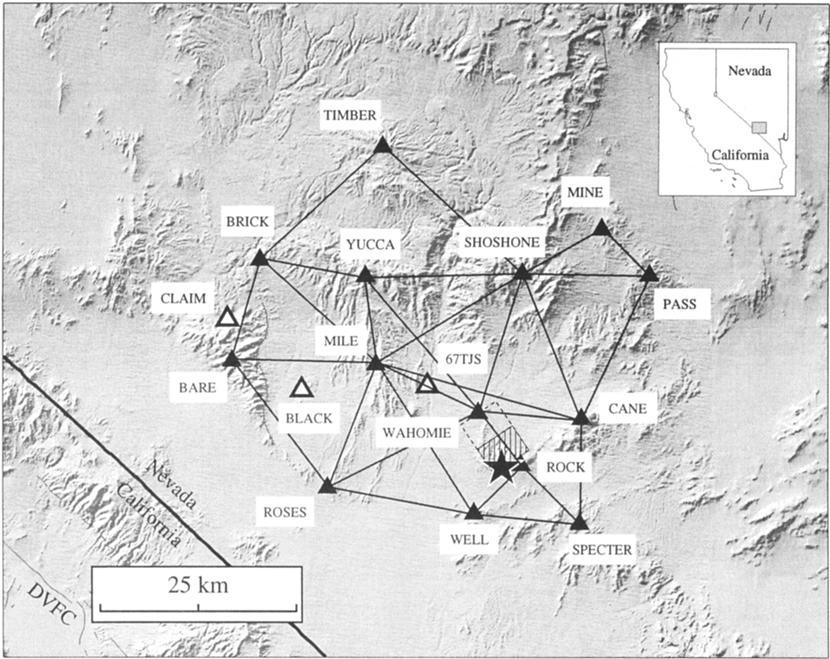 17,628 SAVAGE ET AL.: YUCCA MOUNTAIN STRAIN RATE 37 ø 00' 36 ø 30' 117 ø 00' 116 ø 30' 116 ø 00' Figure 1. Map of the Yucca Mountain strain network (solid triangles).