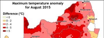 Positive anomalies in the average maximum temperature for the month exceeded 5 C over parts of Limpopo, Gauteng, the Free State and Northern Cape.
