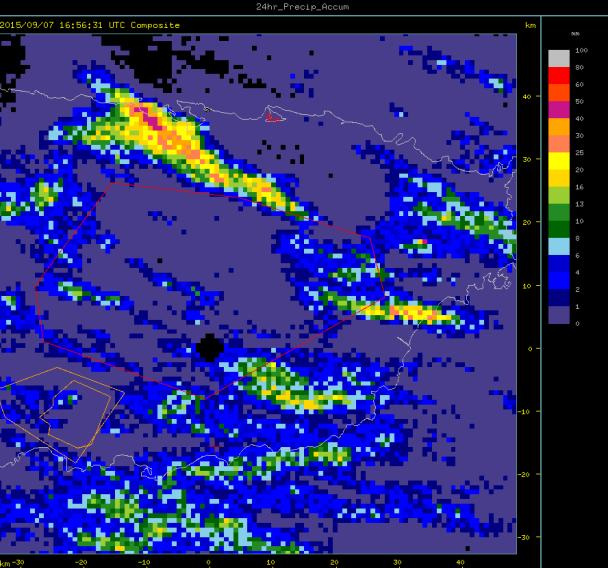 A dominant ridge in the upper levels of the atmosphere propagated into the region and suppresed convection in target area during the afternoon hours. Reflectivity shows cloud tops at 4.