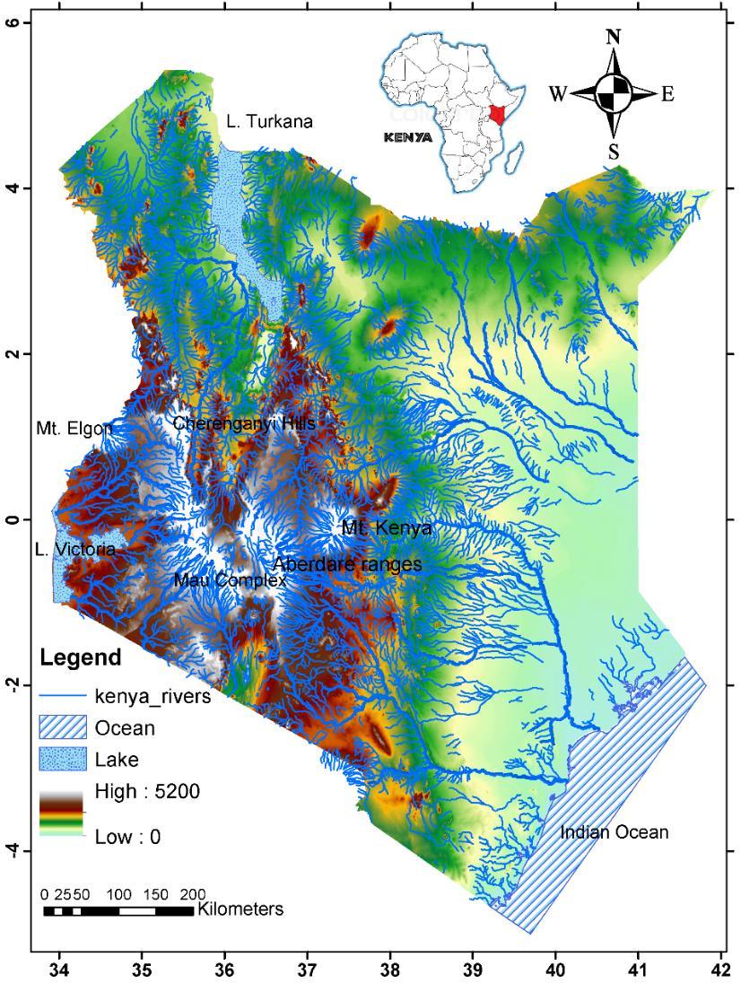 Fig. 1: Kenya presented in red within the map of Africa and a general relief map of Kenya from Digital Elevation Model (DEM) (data downloaded from http://datasets.wri.