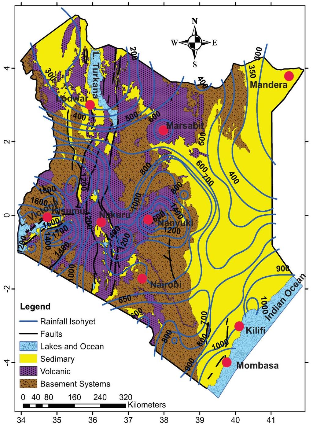 Fig. 2: Simplified geological map of Kenya into three categories, namely: sedimentary formation, volcanic (Tertiary to Quaternary), and