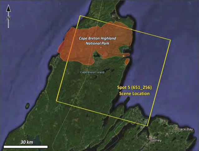 Figure 2: Google Earth Image showing location of SPOT 5 imagery relative to nearest regional center and Cape Breton Highlands National Park 3.0 Procedures The final compilation ArcGIS 10.2.2 workspace (Landcover_VBennett.