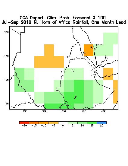 Green to blue indicate areas of increasingly more likely above average conditions (source: IRI).