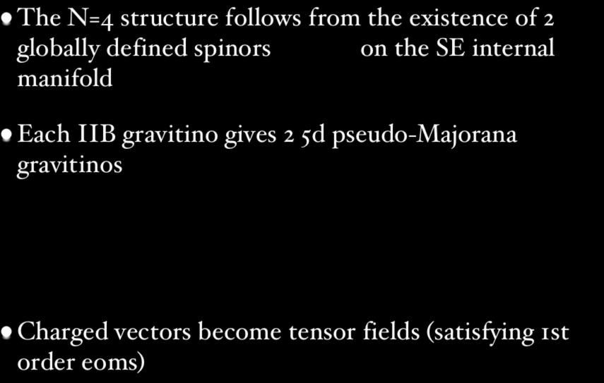 The Supergravity Model: Content The N=4 structure follows from the existence of 2 globally defined spinors manifold on the SE internal Each IIB gravitino gives 2 5d pseudo-majorana