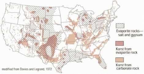 Map showing karst-prone areas in contiguous United States (USGS) Your state s Geological Survey can supply more detailed maps of karst areas, abandoned mine occurrences and more.