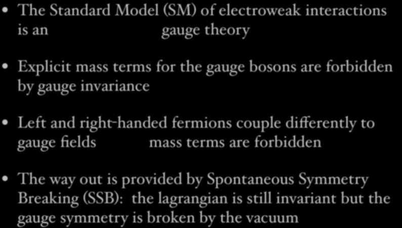 Introduction The Standard Model (SM) of electroweak interactions is an gauge theory SU(2) L U(1) Y Explicit mass terms for the gauge bosons are forbidden by gauge invariance Left and right-handed