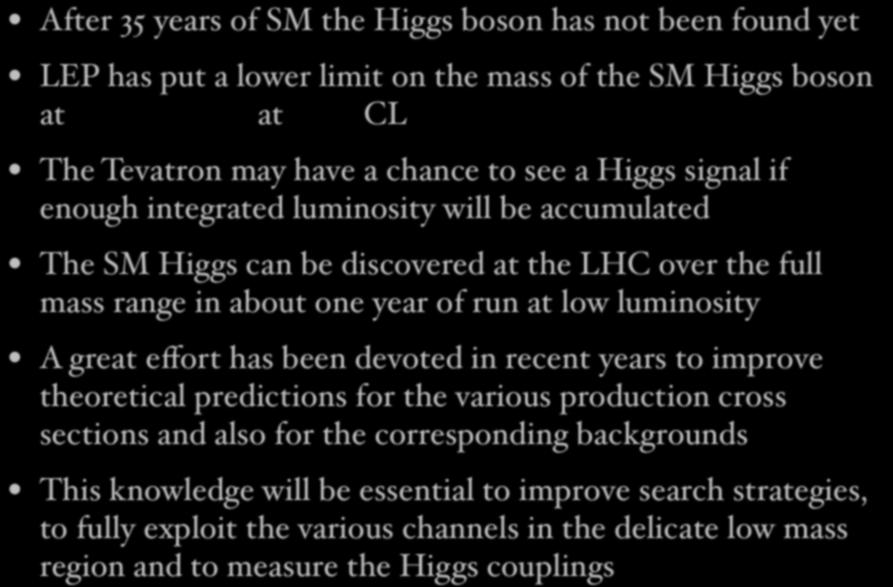 Summary After 35 years of SM the Higgs boson has not been found yet LEP has put a lower limit on the mass of the SM Higgs boson at M H 114.