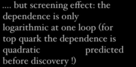 .. but screening effect: the dependence is only logarithmic at one loop (for top quark the dependence is quadratic m top predicted before discovery!