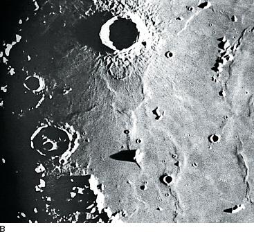 Figure 7.2 (A) Overlapping craters in the Moon's highlands. (B) Isolated craters in the smooth mare. Q. In (A) a small crater lies at the edge of a larger one.