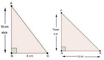 AC = 5.6 cm and AQ = 3.25 cm 2. A vertical stick 10 cm long casts a shadow 8 cm long. At the same time a shadow 30 m long. Determine the height of the tower.