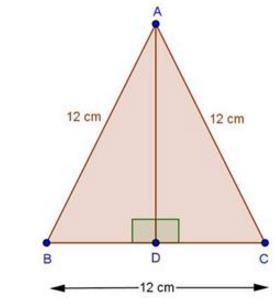 17. Calculate the height of an equilateral triangle each of whose sides measures 12 cm. ABC is an equilateral with side 12 cm.