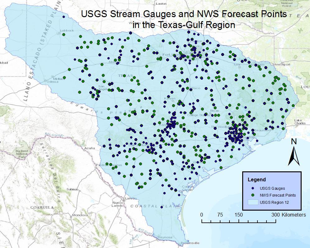 Figure 4: Stream gauges and forecast points in Region 12. There are 413 USGS gauging stations in the region, and 447 NWS forecast points.