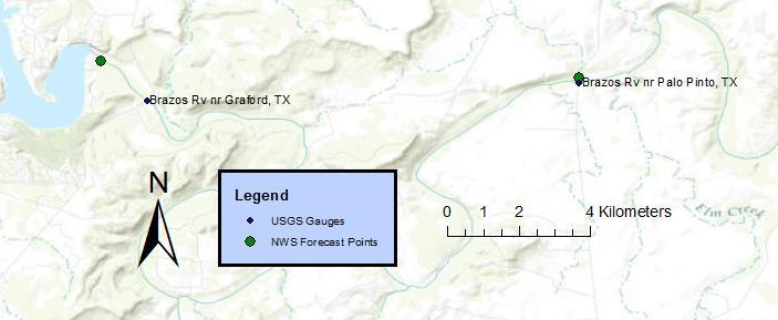 Confirming the idea that the USGS points are more concentrated, only 292,928 square kilometers are covered by the gauges, while the NWS forecast points cover 335,820 square kilometers.