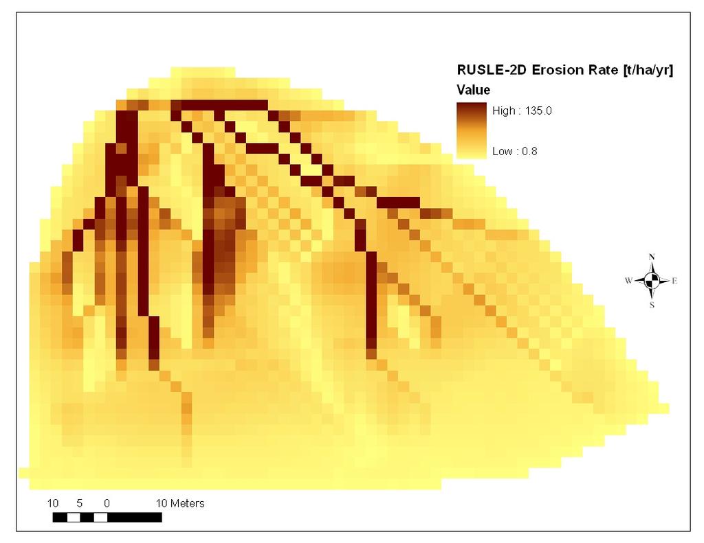 Figure 4.18. Non-calibrated estimates of soil erosion within AMEENA using the RUSLE-2D approach. It can be seen from studying the gross erosion figures (Figures 4.17 and 4.