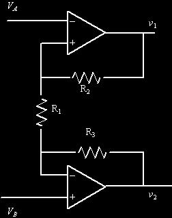 We ll start with the two left op-amps: Each op-amp has equal voltage at its inputs so, voltage at top of is V A,