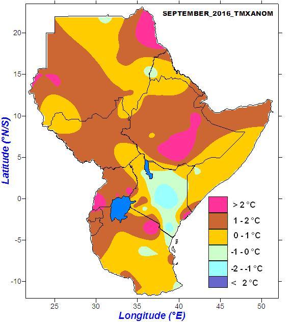 During the month of above average minimum temperature were experienced in most parts of the Greater Horn of Africa, except for a few parts in central and southern Tanzania and isolated part in