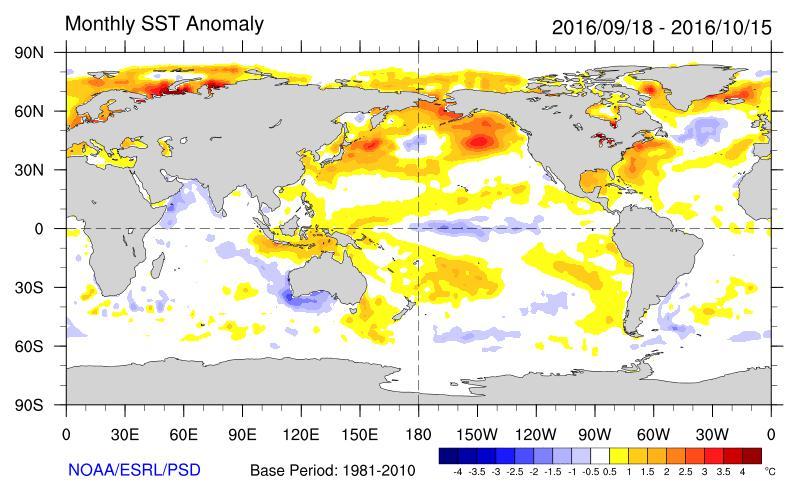 Figure 6: Sea Surface Temperature anomalies for the period 18 September to 15 October 2016