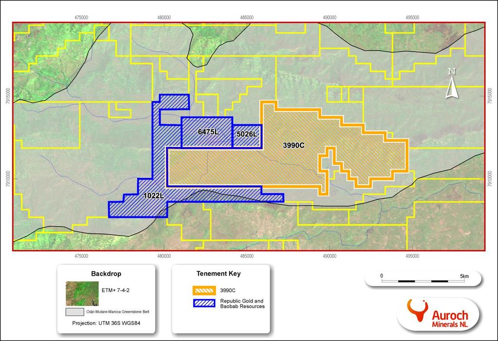 Figure 1: OMM Greenstone belt overlain with Auroch Minerals Project Location, Republic Gold s Prospecting Licence (5026L), licence application (6475L) and Baobab Resources plc s Prospecting Licence