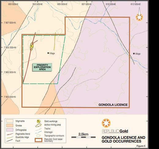 Figure 4: Gondola Licence (Source: RAU.ASX Release 25 November 2013) Sussundenga Project (4800L) Republic targeted this licence for near surface, bulk tonnage gold targets.