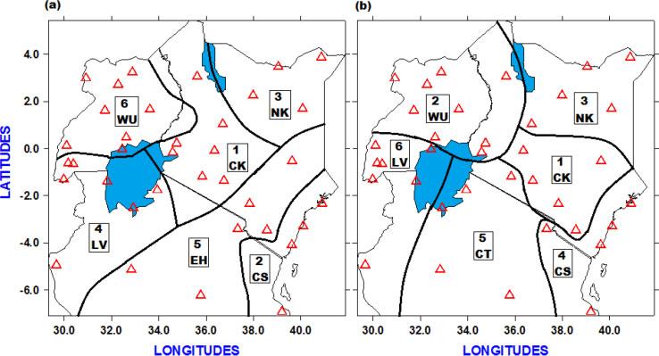 SPATIAL COHERENCE AND POTENTIAL PREDICTABILITY 2695 Figure 3. The near-homogeneous daily rainfall sub-regions for the (a) long and (b) short rainfall seasons over Equatorial Eastern Africa.
